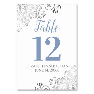 Blue Grey on White Elegant Frilly Wedding Table Number
