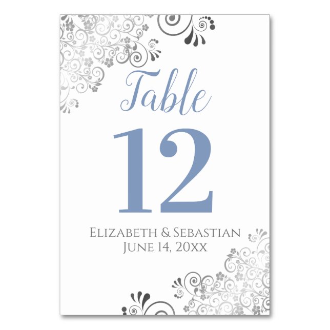 Blue Grey on White Elegant Frilly Wedding Table Number (Front)