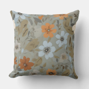 Blue Grey Orange Brown Modern Floral Throw Pillow