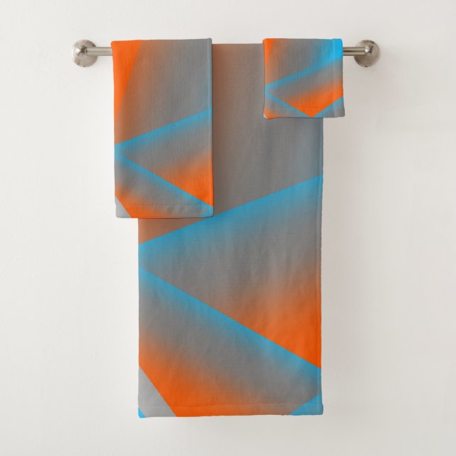 Blue Grey Orange Ombre Geometric Abstract Art Bath Towel Set (Insitu)