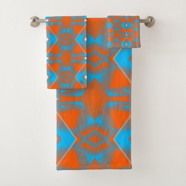 Blue Grey Orange Ombre Geometric Abstract Art Bath Towel Set (Insitu)