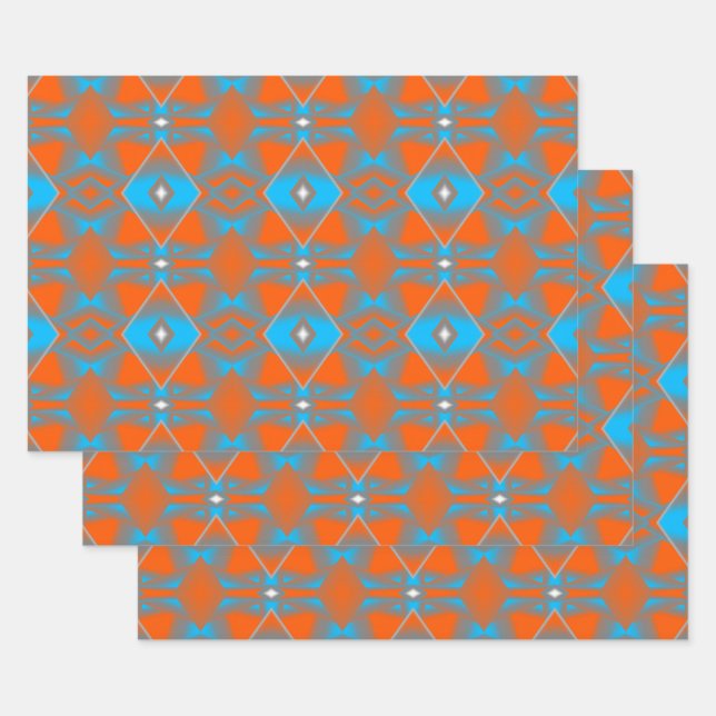 Blue Grey Orange Ombre Geometric Abstract Art Wrapping Paper Sheet (Set)