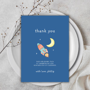 Blue Grey Over The Moon Rocket Baby Shower Thank You Card