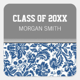 Blue Grey Pattern Graduation Custom Year Name Square Sticker