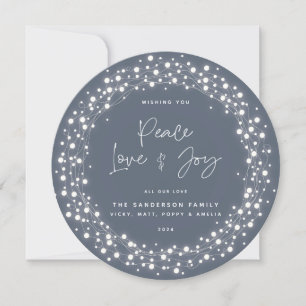 Blue-Grey Peace Love+Joy Script Sparkling Lights Holiday Card