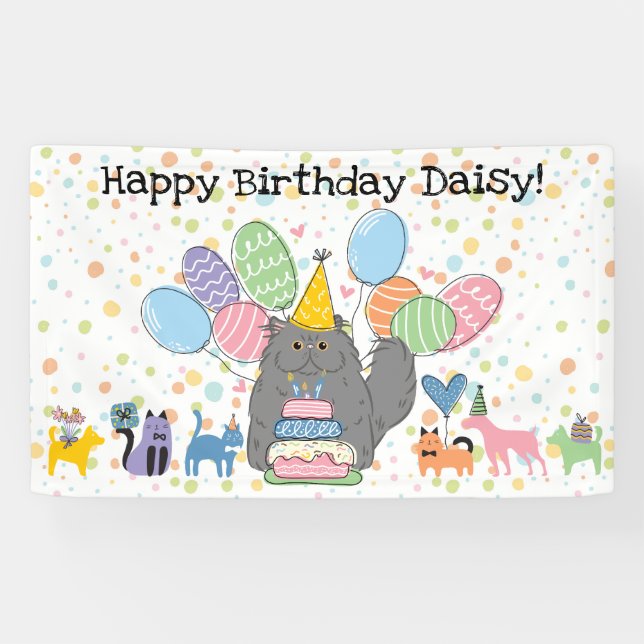 Blue grey Persian Cat Longhair Birthday Party Banner (Horizontal)