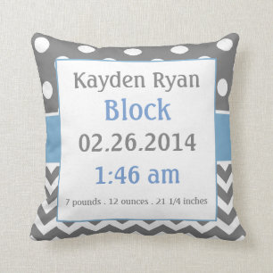 Blue Grey Personalized Baby Announcement Pillow