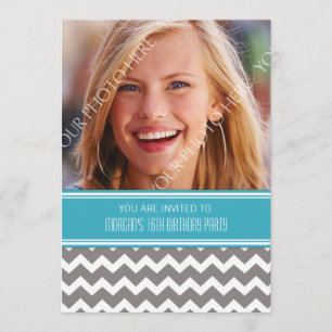 Blue Grey Photo 16th Birthday Party Invitations