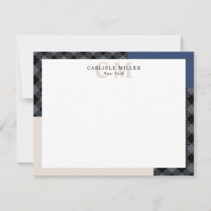 Blue Grey Plaid Colorblock Monogram Name & City Card