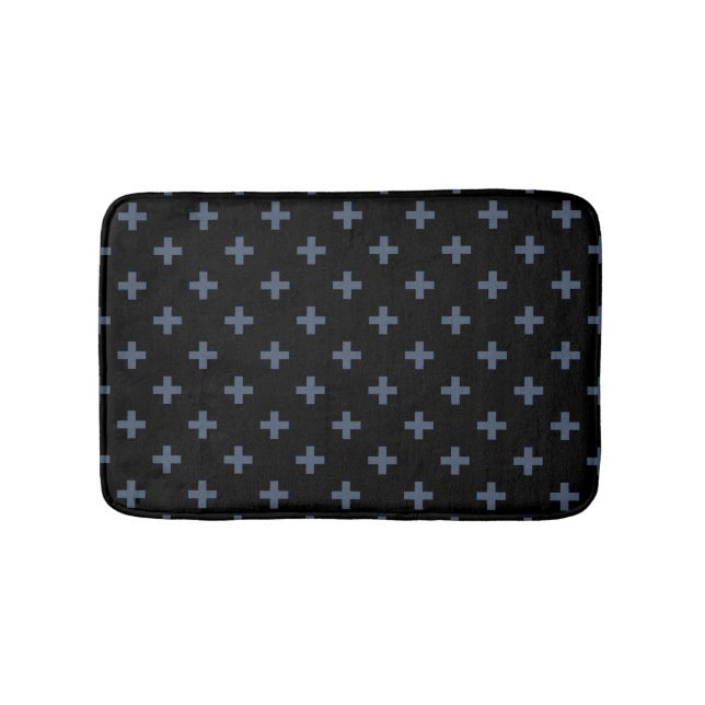 Blue-grey polka crosses on black bath mat (Front)