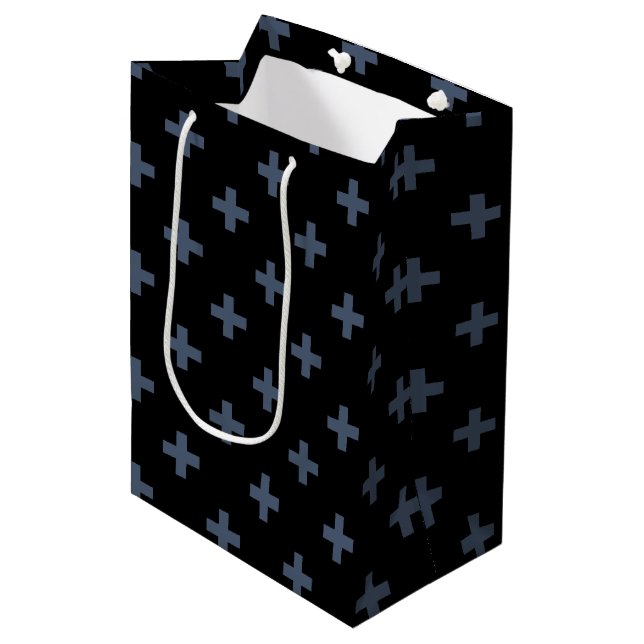 Blue-grey polka crosses on black medium gift bag (Front Angled)