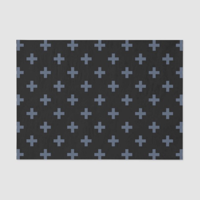 Blue-grey polka crosses on black tissue paper (Front)