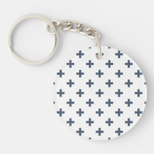 Blue-grey polka crosses on white keychain