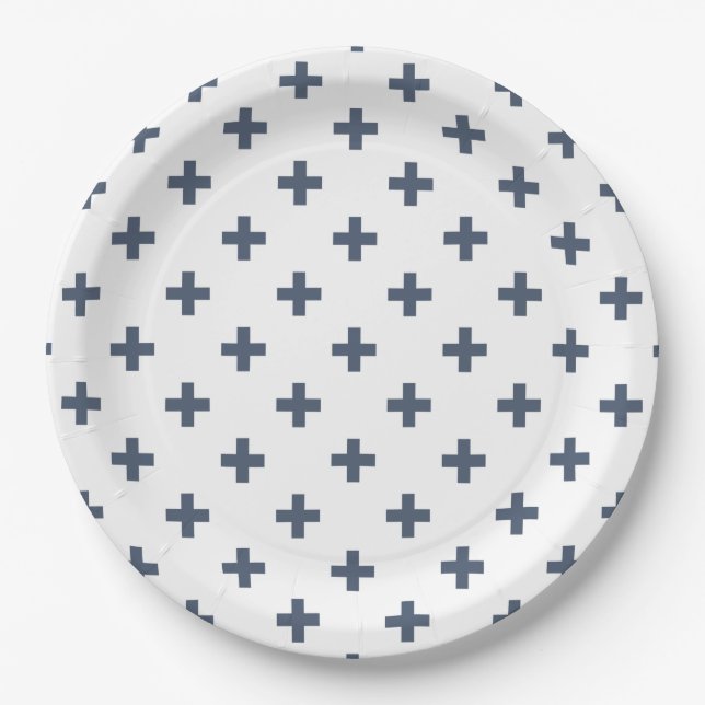 Blue-grey polka crosses on white paper plate (Front)