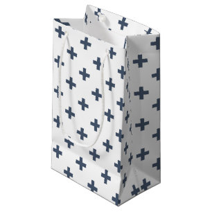 Blue-grey polka crosses on white small gift bag