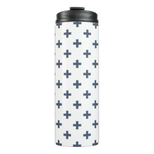 Blue-grey polka crosses on white thermal tumbler
