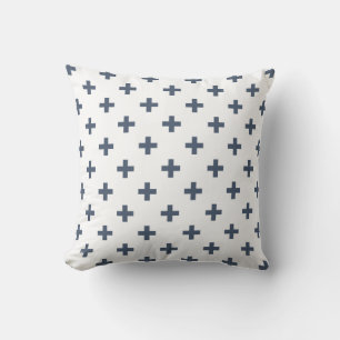 Blue-grey polka crosses on white throw pillow