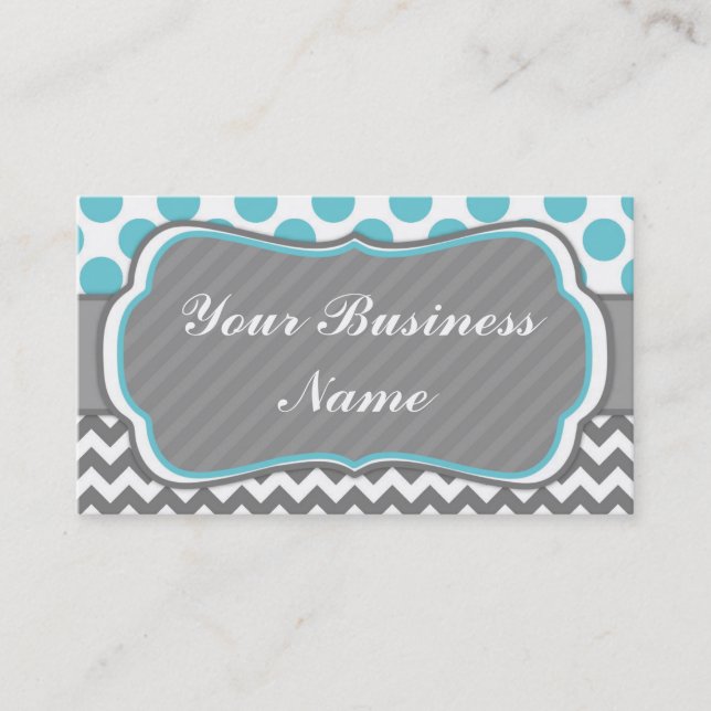 Blue, Grey,  Polka Dots and Chevron Business Card (Front)
