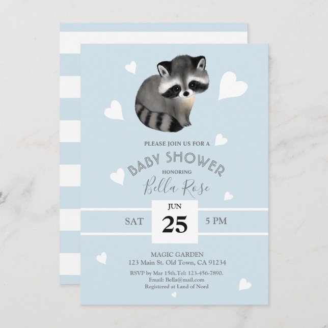Blue Grey Raccoon Baby Shower Invitations (Devant / Derrière)