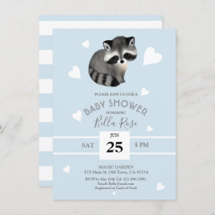 Blue Grey Raccoon Baby Shower Invitations