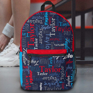 blue grey red personalized name all over printed backpack