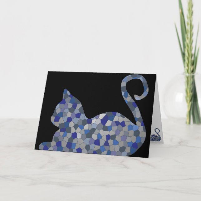 Blue Grey Relaxed Mosaic Cat Greeting Cards (Front)