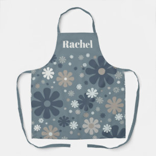 Blue Grey Retro Floral Personalized Pattern Apron