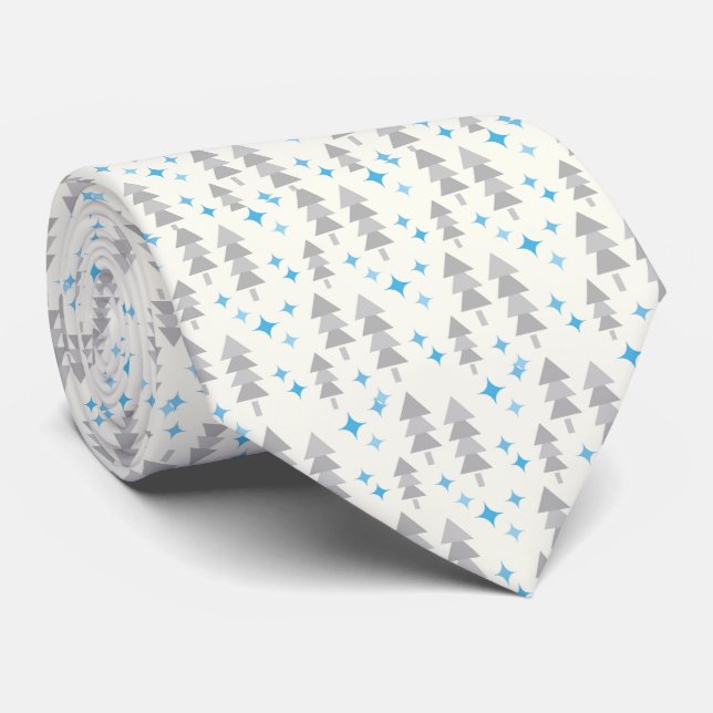 Blue & Grey Retro Forest Trees Men’s Neck Tie (Rolled)