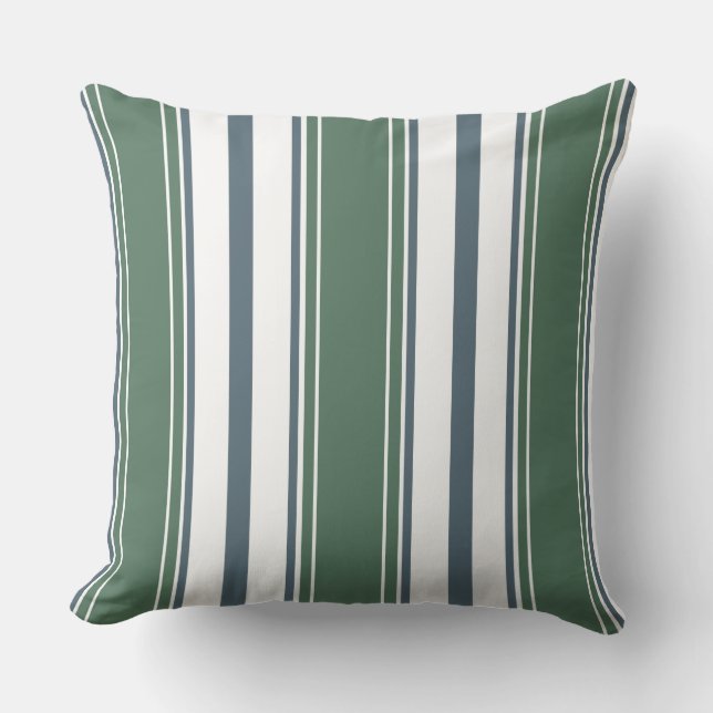 Blue-Grey, Sage Green, White Vertical Stripes  | Throw Pillow (Front)
