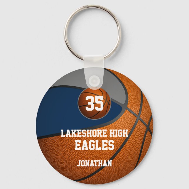 Blue grey school colours basketball team boys' keychain (Front)