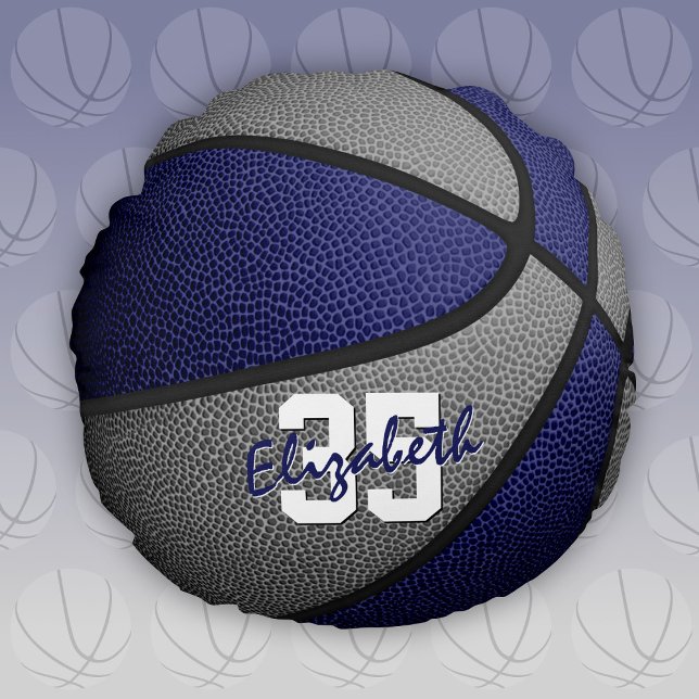 blue grey school colours girls boys basketball roo round pillow (Blue and gray team colors round basketball pillow)