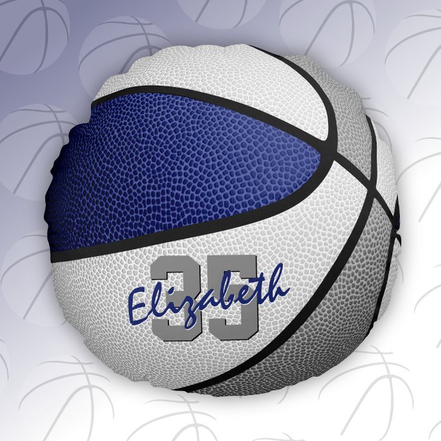 blue grey school colours girls boys basketball roo round pillow (Blue & gray sports room decor team colors basketball pillow)