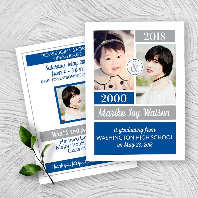 Blue Grey School Colours Then and Now Graduation Invitation (Creator Uploaded)