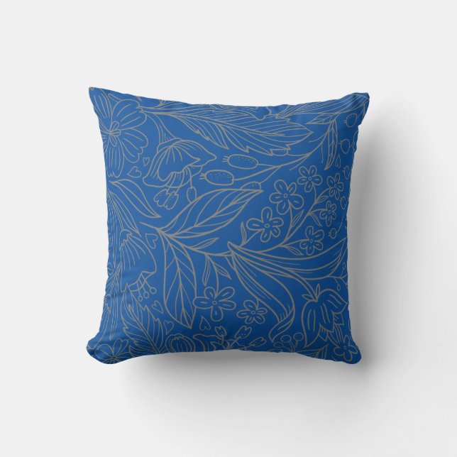 Blue Grey Silver Chic Floral Throw Pillow (Front)