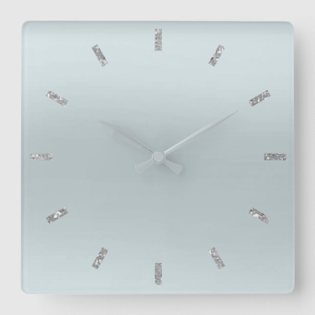 Blue Grey Silver  Pastel Ombre Minimal Glitter Square Wall Clock (Front)