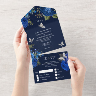 Blue grey silver rose elegant butterfly glam all in one invitation