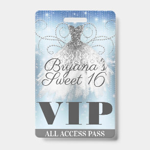 Blue Grey Silver Sparkle Dress Sweet 16 VIP Pass Badge