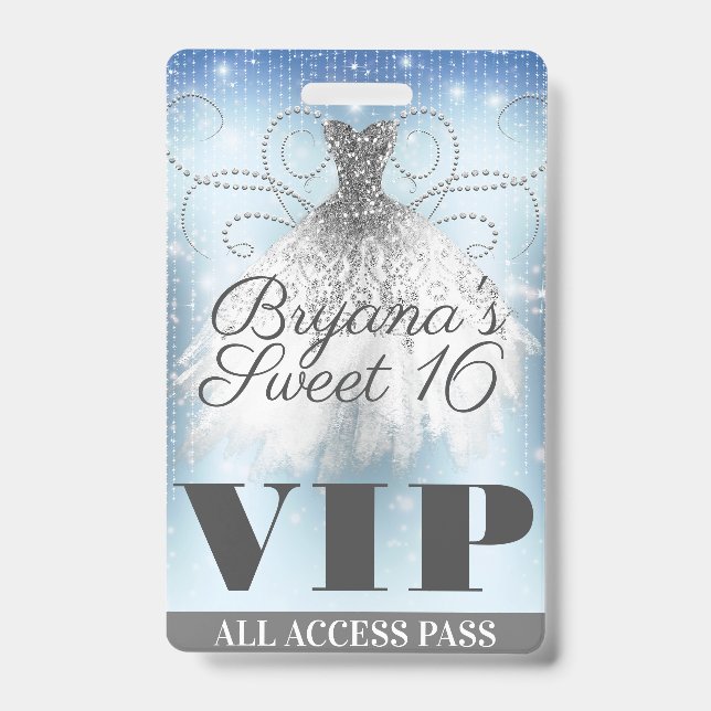 Blue Grey Silver Sparkle Dress Sweet 16 VIP Pass Badge (Front)