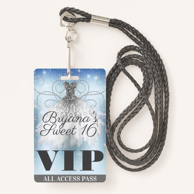 Blue Grey Silver Sparkle Dress Sweet 16 VIP Pass Badge (Front with Lanyard)