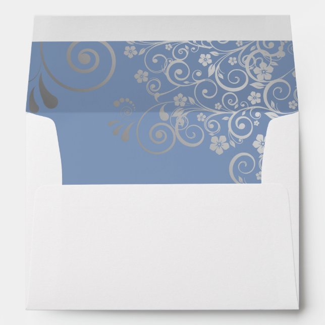 Blue & Grey Simple Elegant Filigree Wedding Envelope (Back (Bottom))