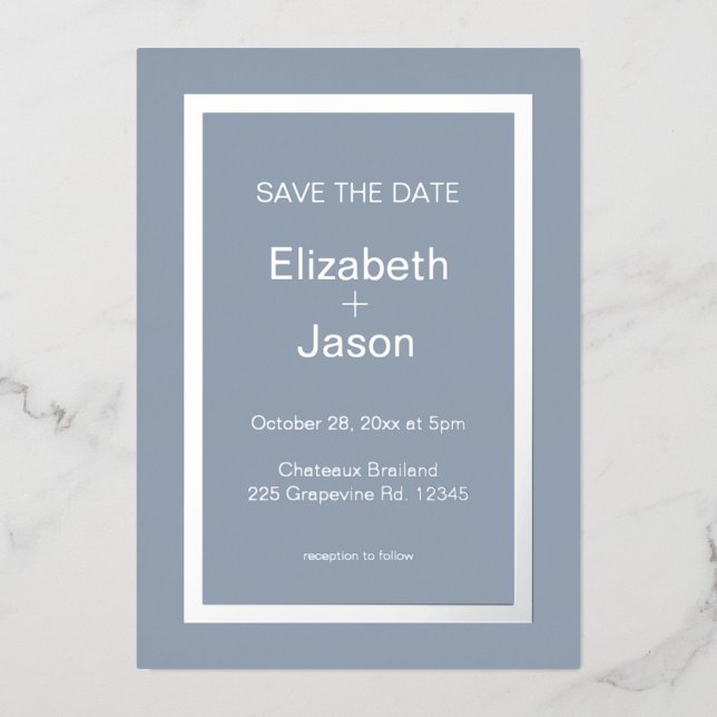 Blue Grey Simple Wedding Save The Date Silver  (Front)