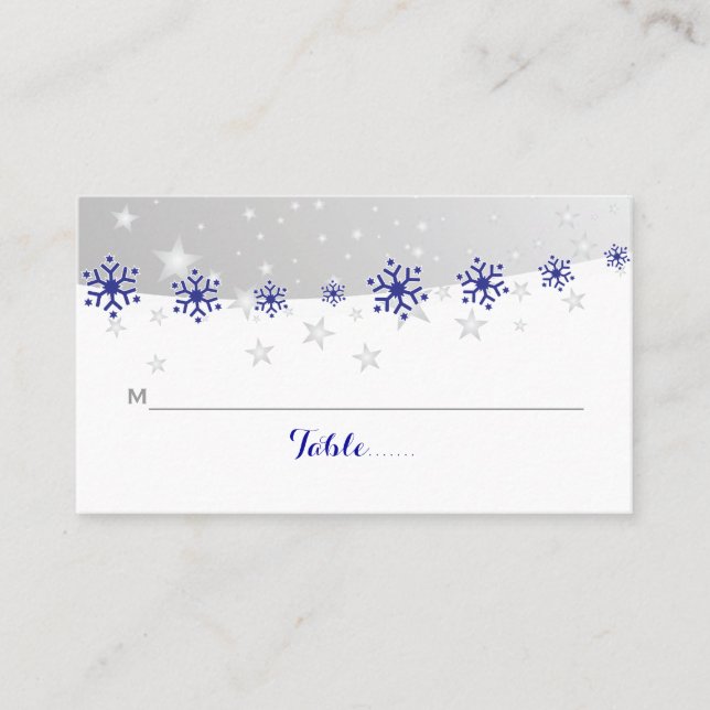 Blue, grey snowflake wedding place card (Front)
