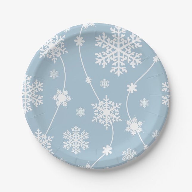 Blue Grey Snowflakes Winter Wonderland Holiday Paper Plate (Front)