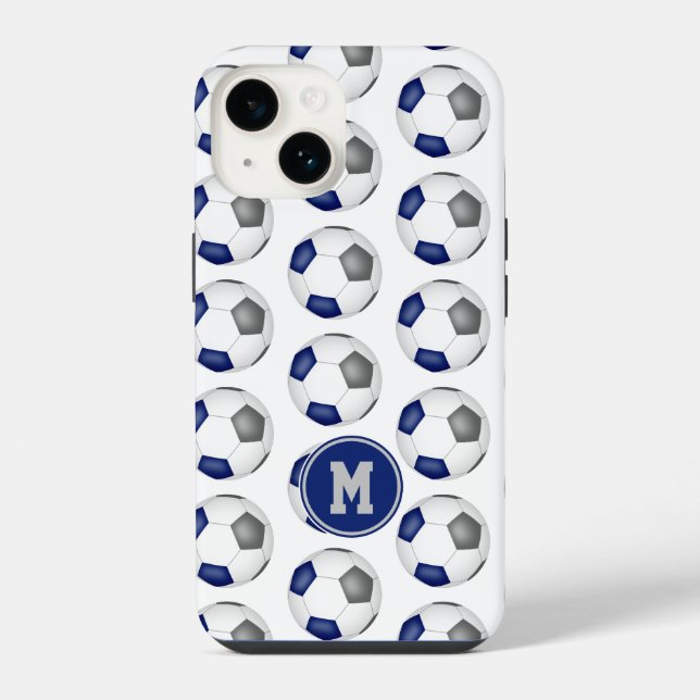 blue grey soccer balls pattern monogrammed iPhone case (Back)