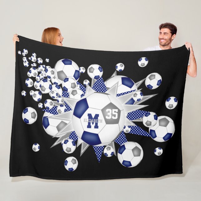 Blue grey soccer balls stars athlete name fleece blanket (In Situ)