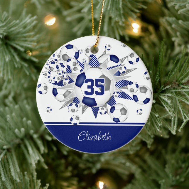 Blue grey soccer balls stars keepsake  ceramic ornament (Tree)