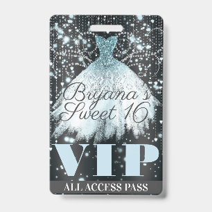 Blue Grey Sparkle Dress Sweet 16 VIP Pass Badge