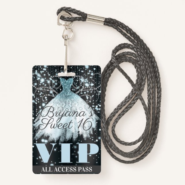 Blue Grey Sparkle Dress Sweet 16 VIP Pass Badge (Front with Lanyard)