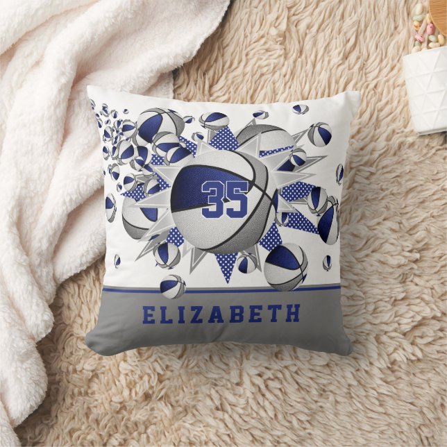 blue grey sports room girls basketballs stars throw pillow (Blanket)