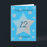 Blue Grey Stars 12th Birthday Card<br><div class="desc">Grey watercolor stars happy 12th birthday card for son, grandson, godson and more. The front features watercolor grey stars and a place for you to personalize with the birthday recipient's name. The inside card message can be easily personalized and the back with the year. This would make a great personalized...</div>